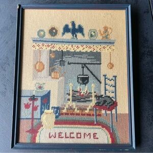 Hand embroidered antique embroidery wall hanging framed art welcome home hearth
